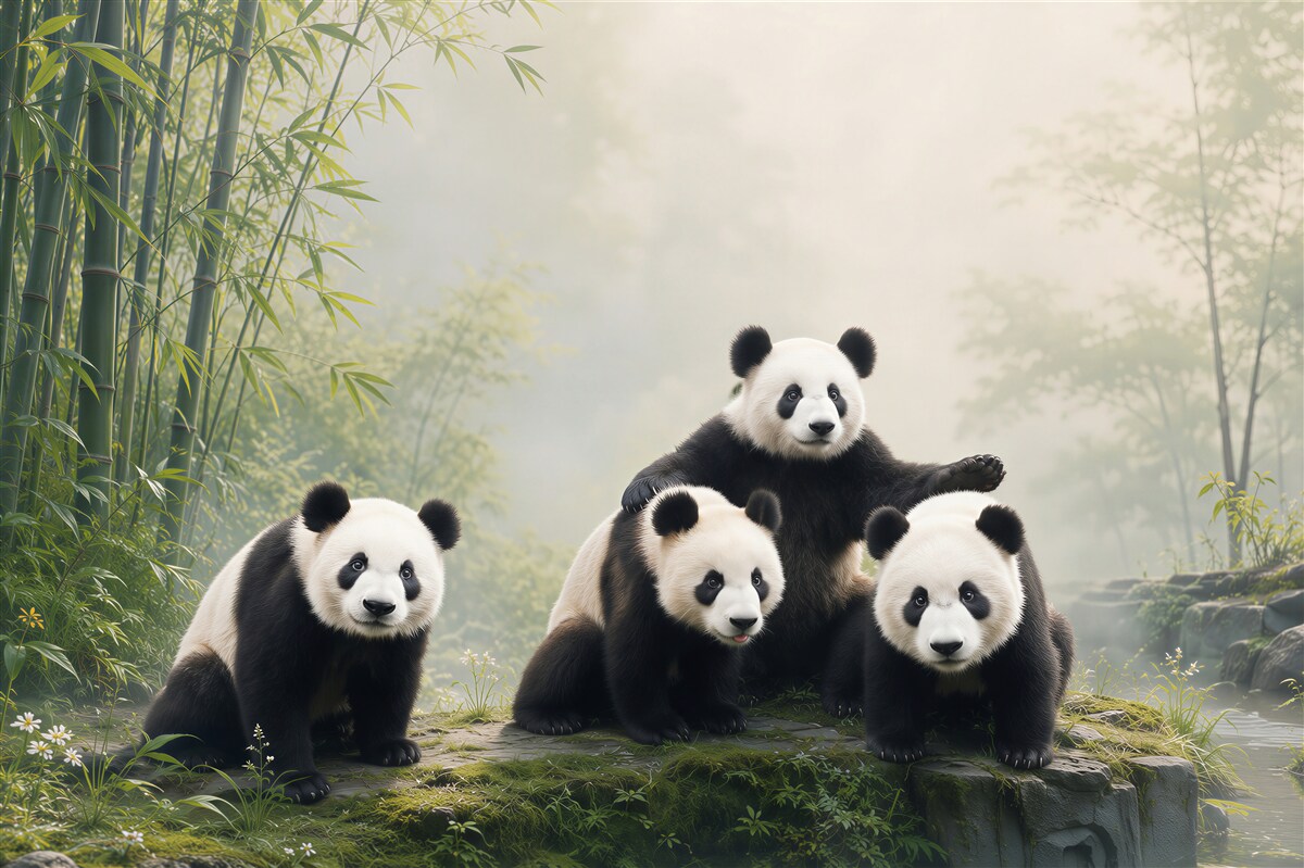 Papier peint charmante famille de pandas en vacances