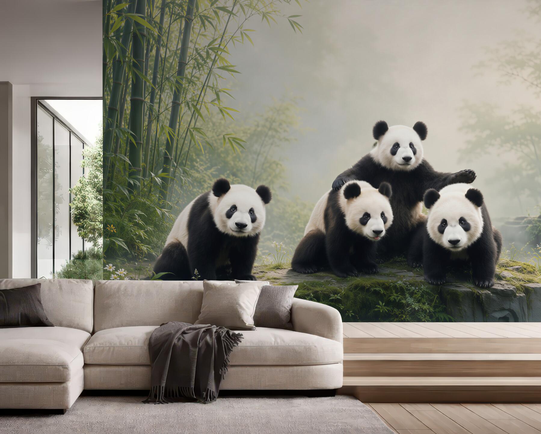 Papier peint charmante famille de pandas en vacances