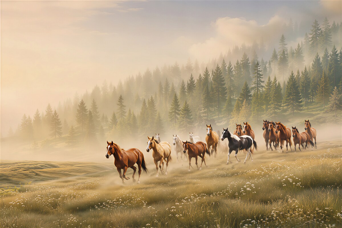 Papier peint chevaux courant dans la forêt