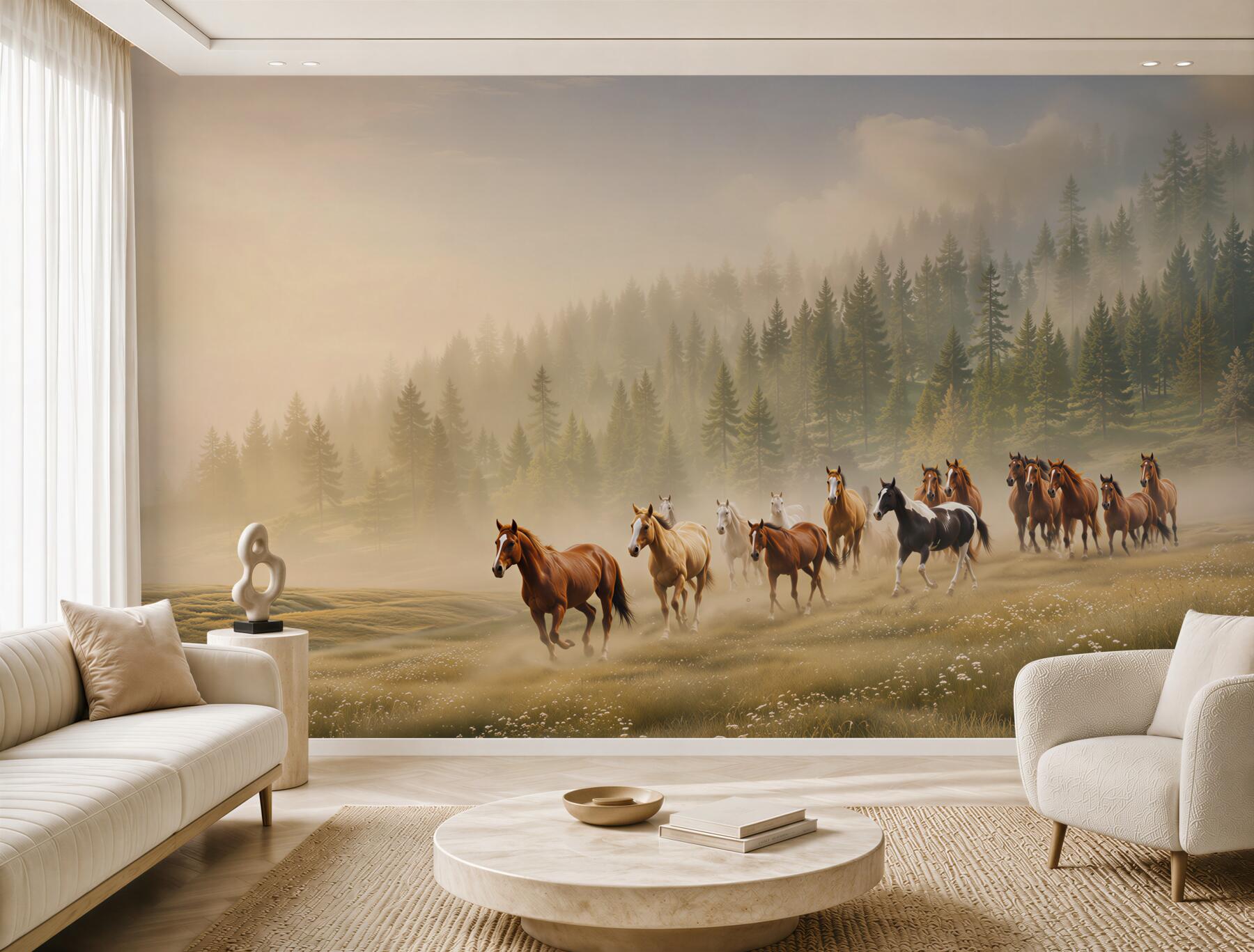 Papier peint chevaux courant dans la forêt