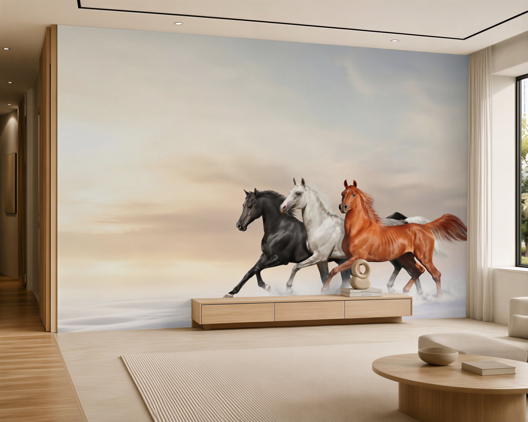 Papier peint trois chevaux galopant sur la neige