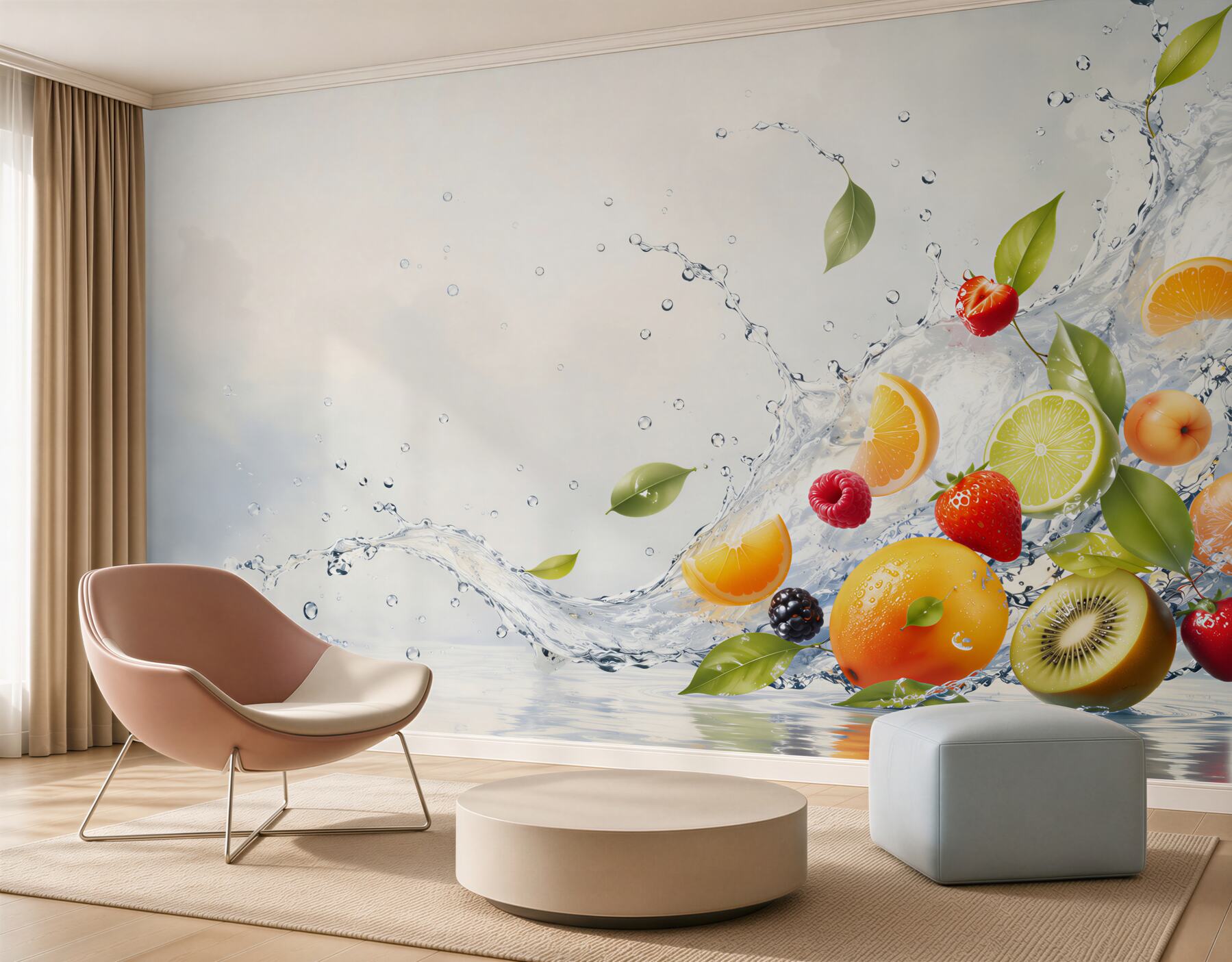 Papier peint cercles blancs et fruits