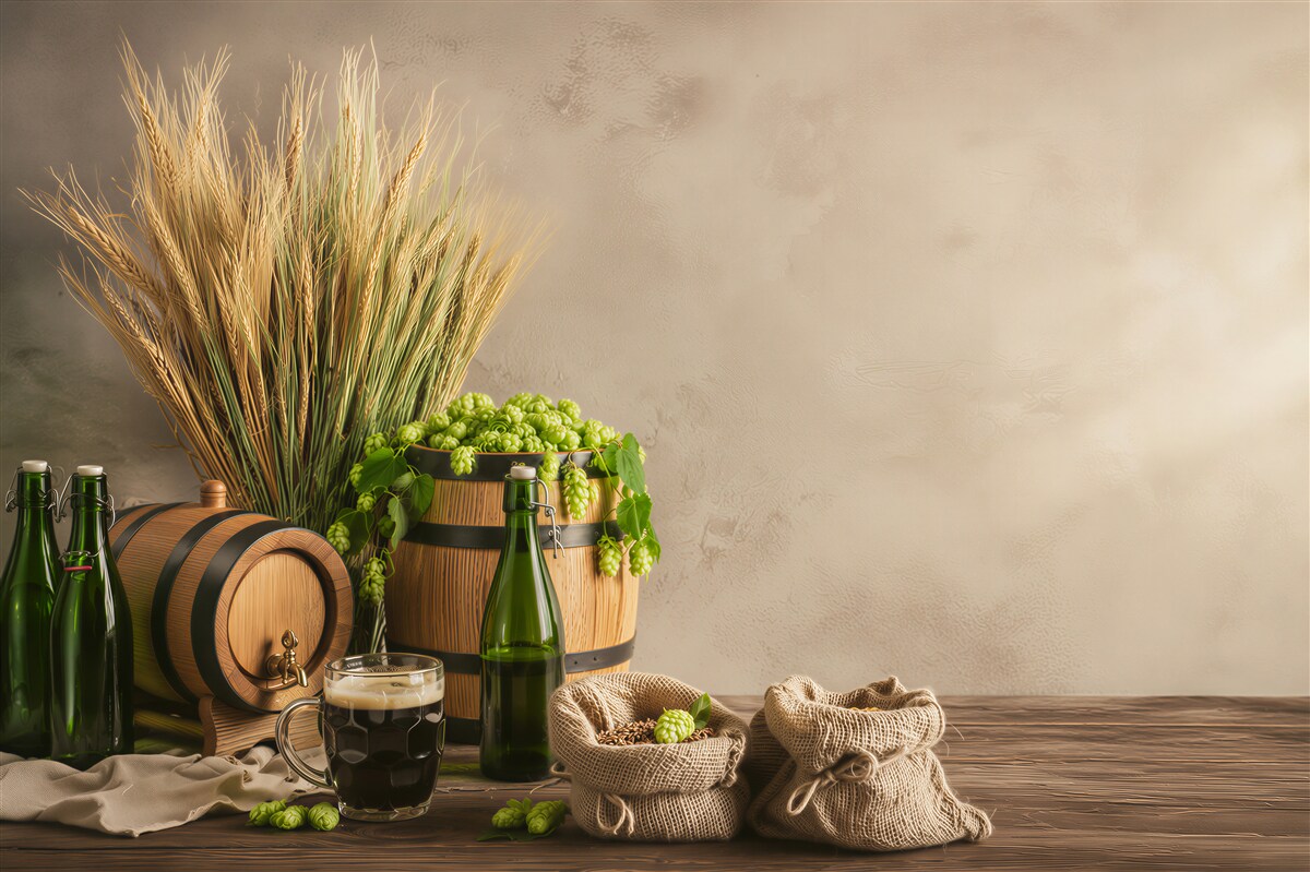 Papier peint bière avec ingrédients de production