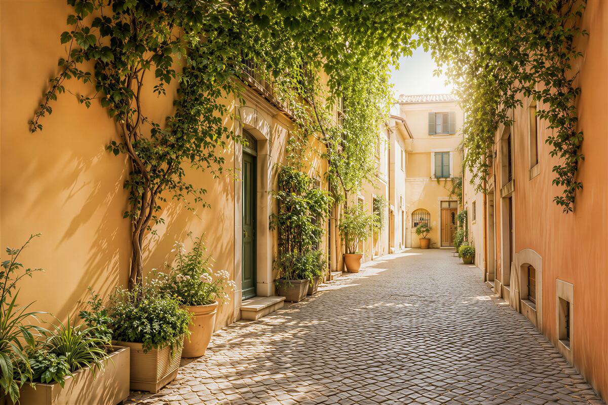 Papier peint cour italienne accueillante dans la verdure
