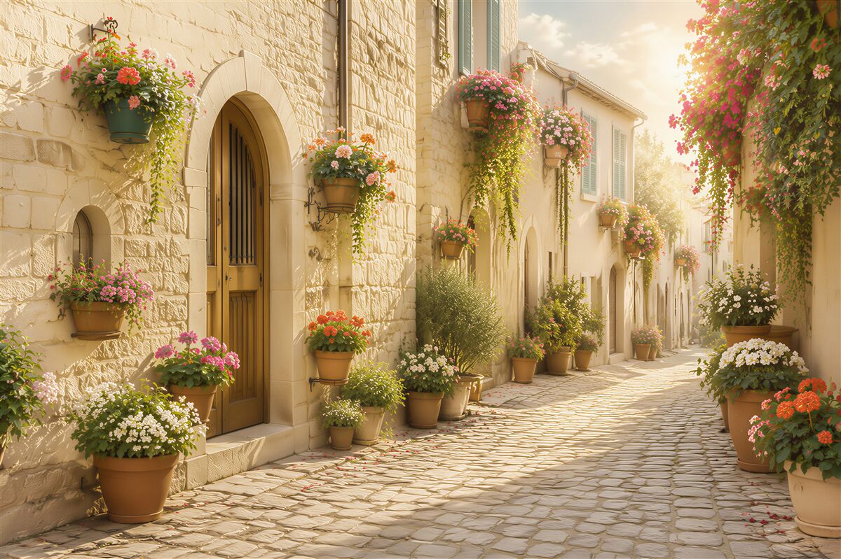 Papier peint fleurs fraîches dans une vieille rue