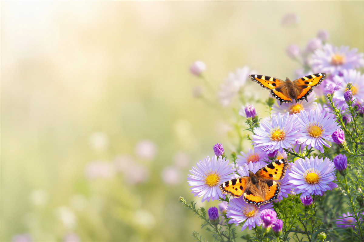 Papier peint papillons dans des fleurs de marguerite bleues