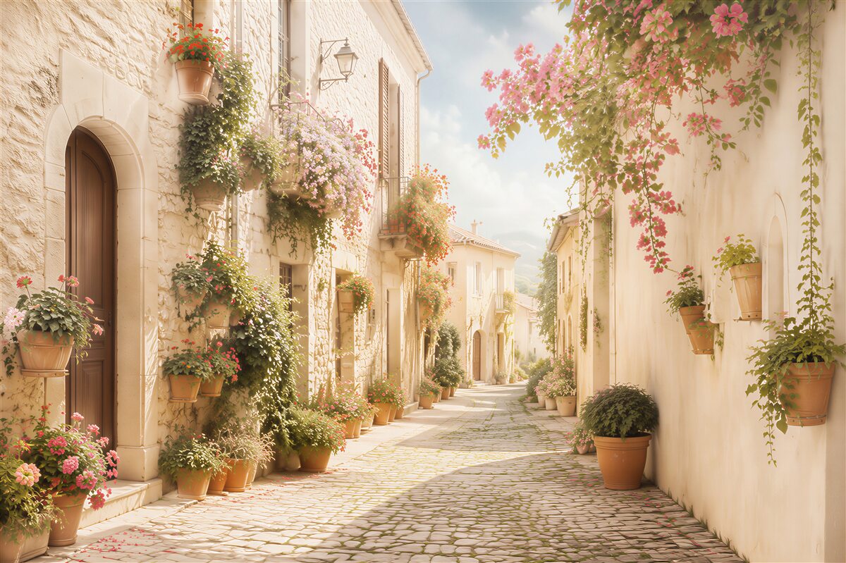 Papier peint rue fleurie entre les maisons