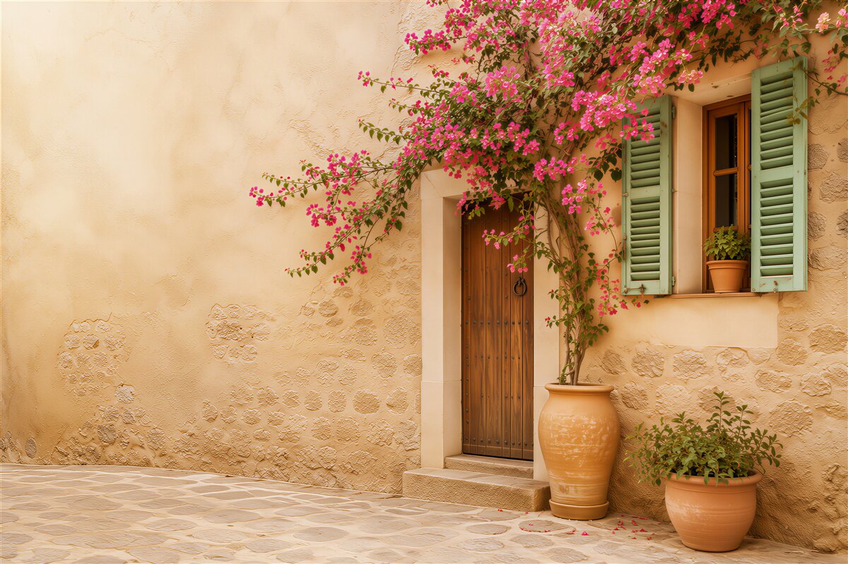 Papier peint fleurs en pots dans une vieille rue
