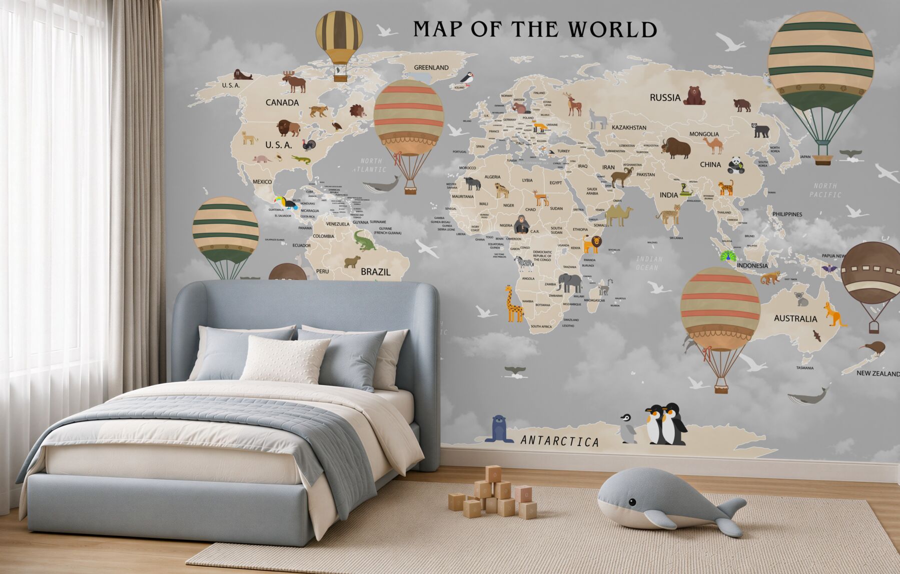 Papier peint carte du monde et ballons