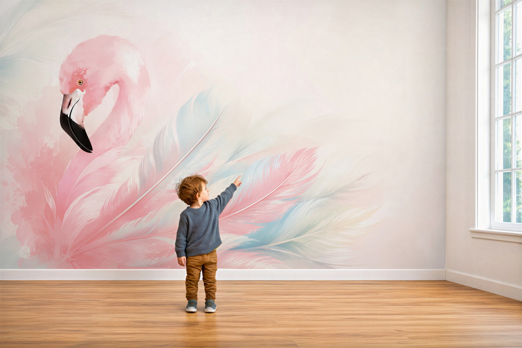 Papier peint flamant rose avec plumes roses