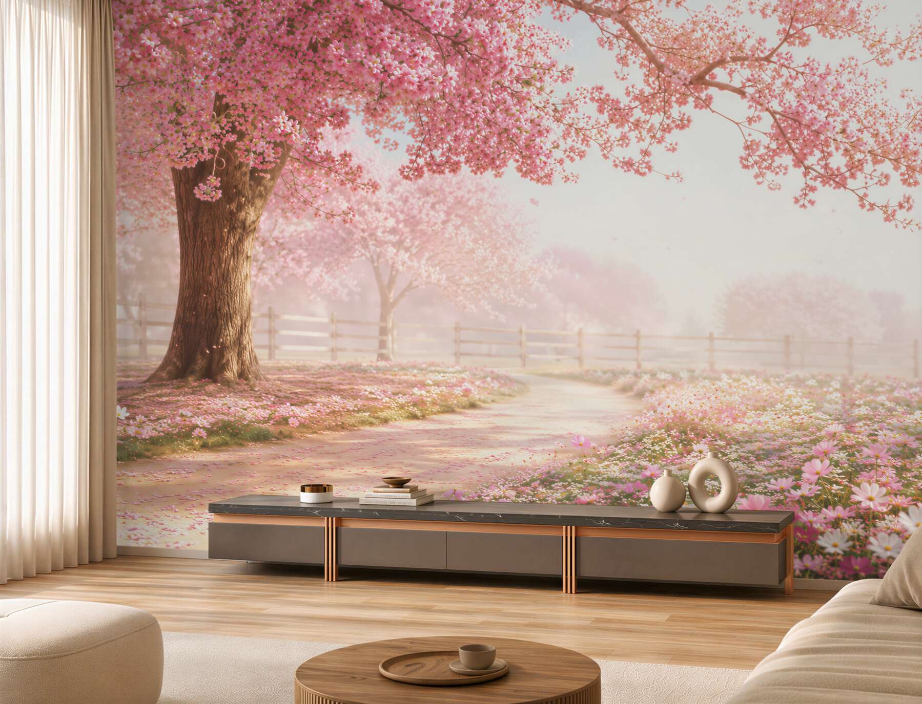 Papier peint ancienne fleurissante cerisier rose