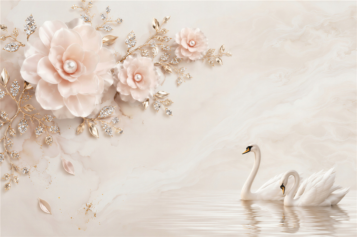 Papier peint fleurs roses avec cygnes dorés et blancs
