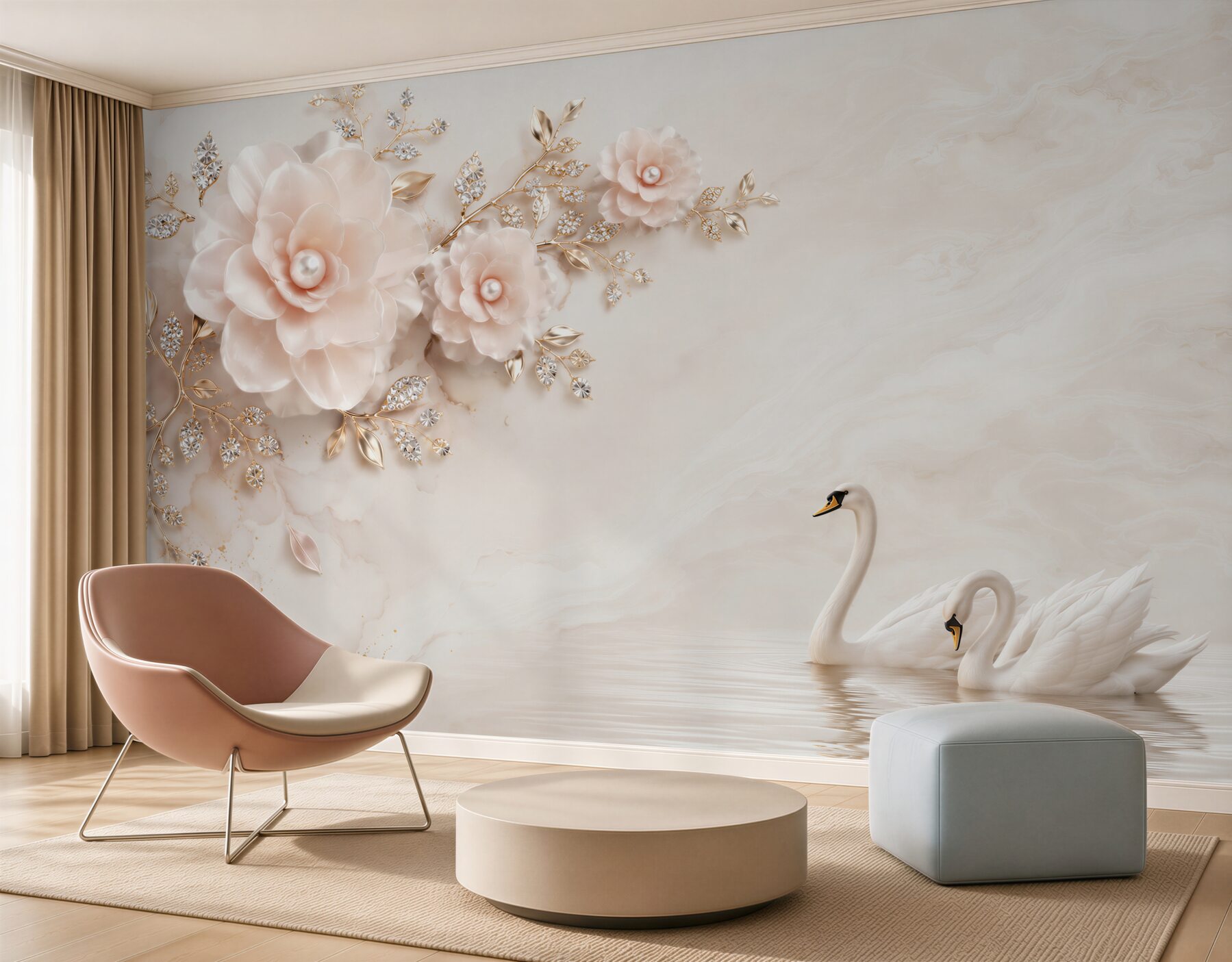 Papier peint fleurs roses avec cygnes dorés et blancs