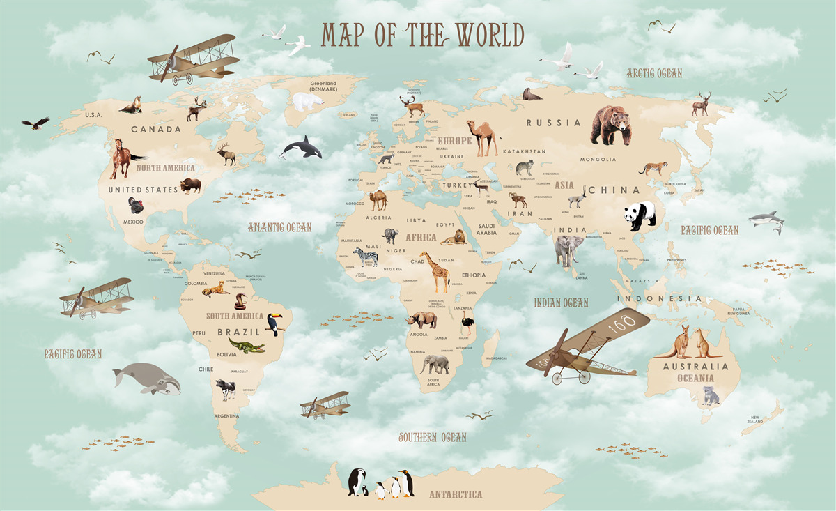 Papier peint faune sur la carte du monde