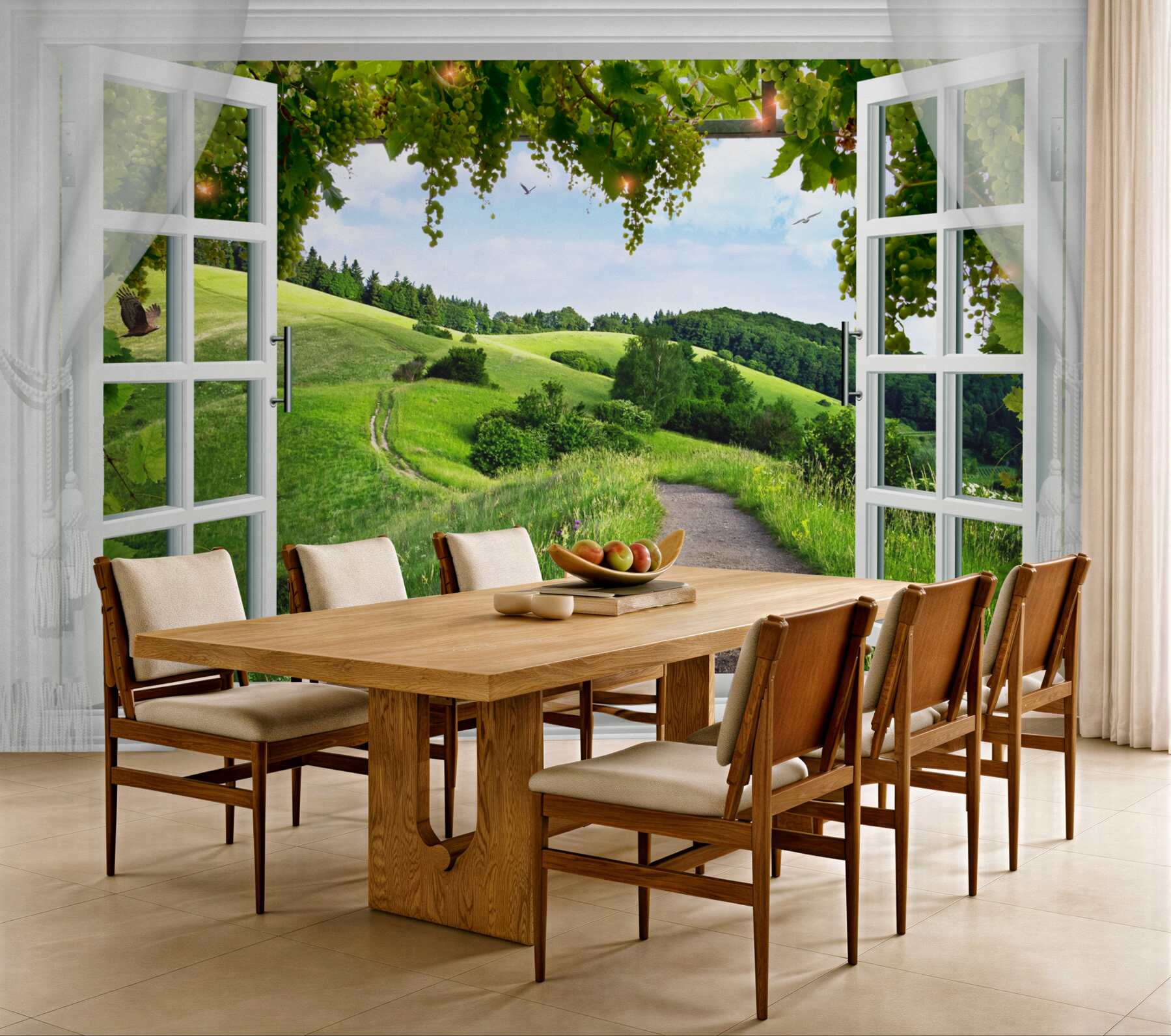 Papier peint fenêtre avec vue sur des prairies vertes