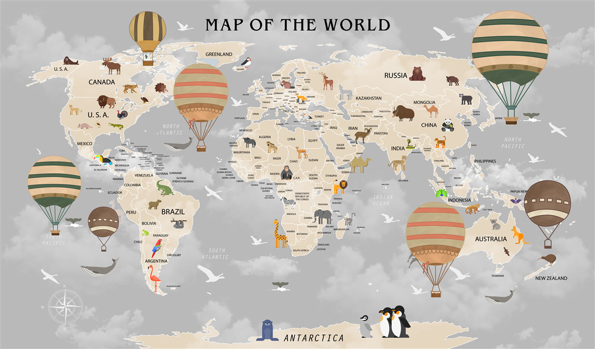 Papier peint carte du monde détaillée pour enfants