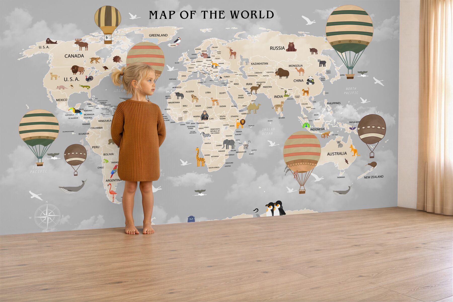 Papier peint carte du monde détaillée pour enfants