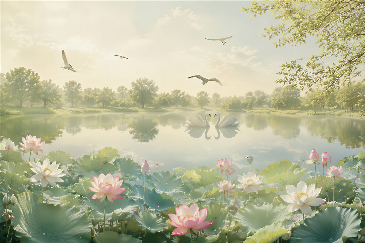 Papier peint couple de cygnes sur un lac avec des nénuphars