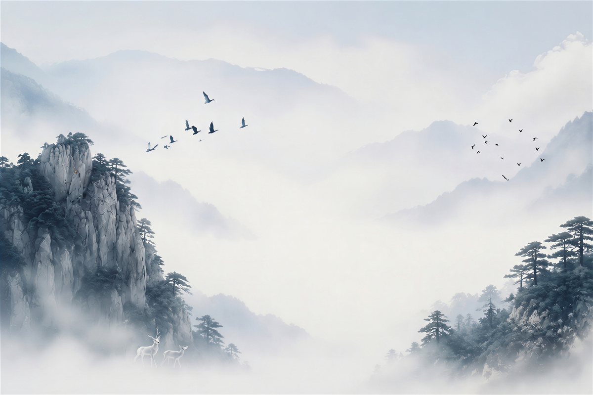 Papier peint oiseaux s'élevant haut dans le brouillard froid