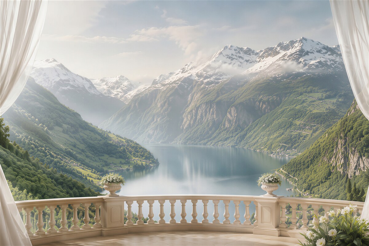 Papier peint terrasse de montagne avec lac