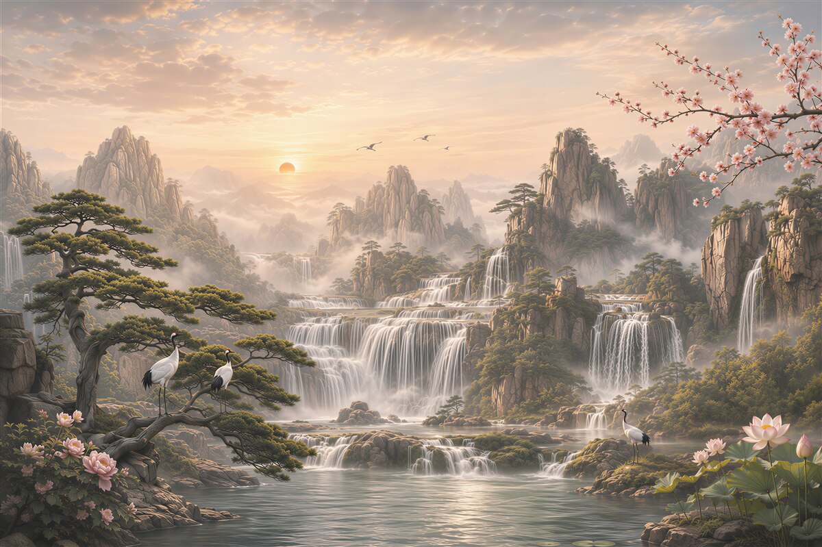 Papier peint cascades féeriques au coucher du soleil