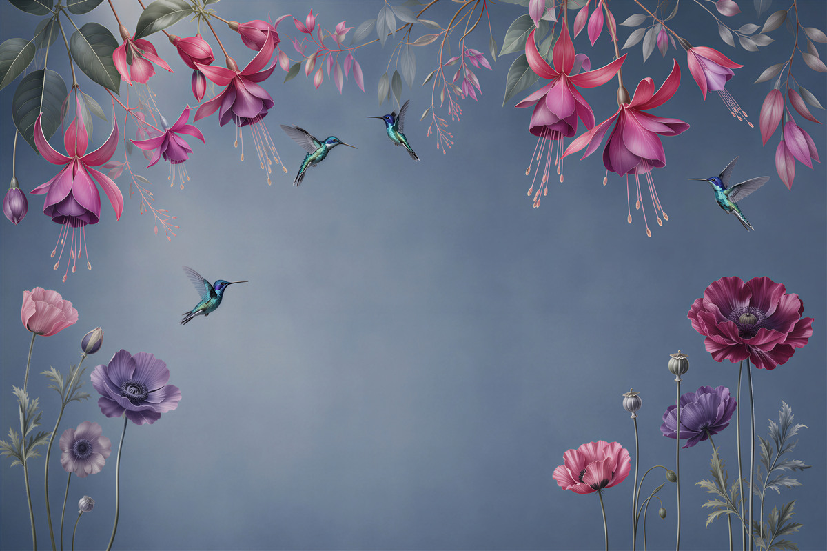 Papier peint colibris buvant du nectar des fleurs