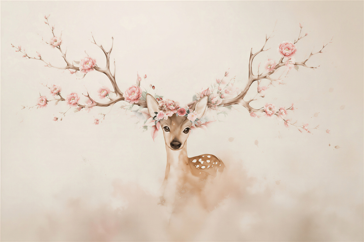 Papier peint doux cerf avec des fleurs sur les bois