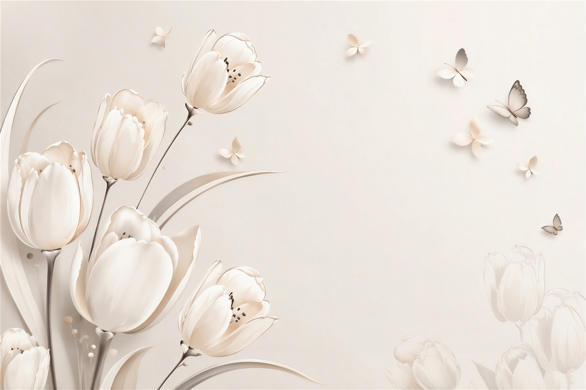 Papier peint tulipes blanches et papillons