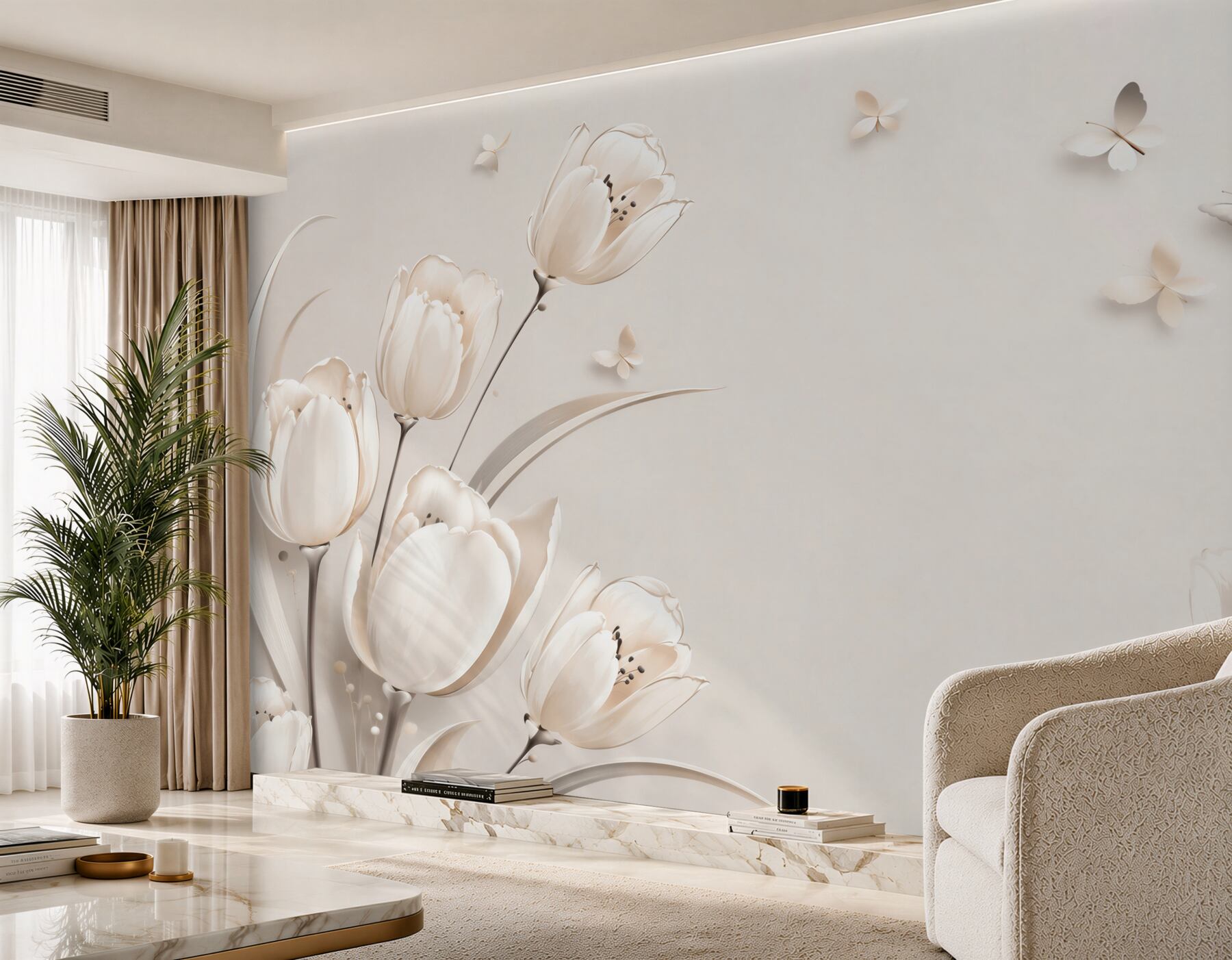 Papier peint tulipes blanches et papillons