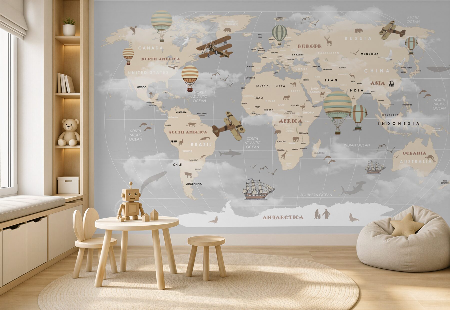 Papier peint carte du monde avec différents moyens de transport