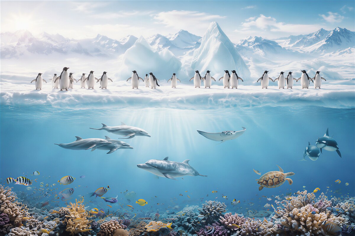 Papier peint pingouins et dauphins dans les récifs coralliens