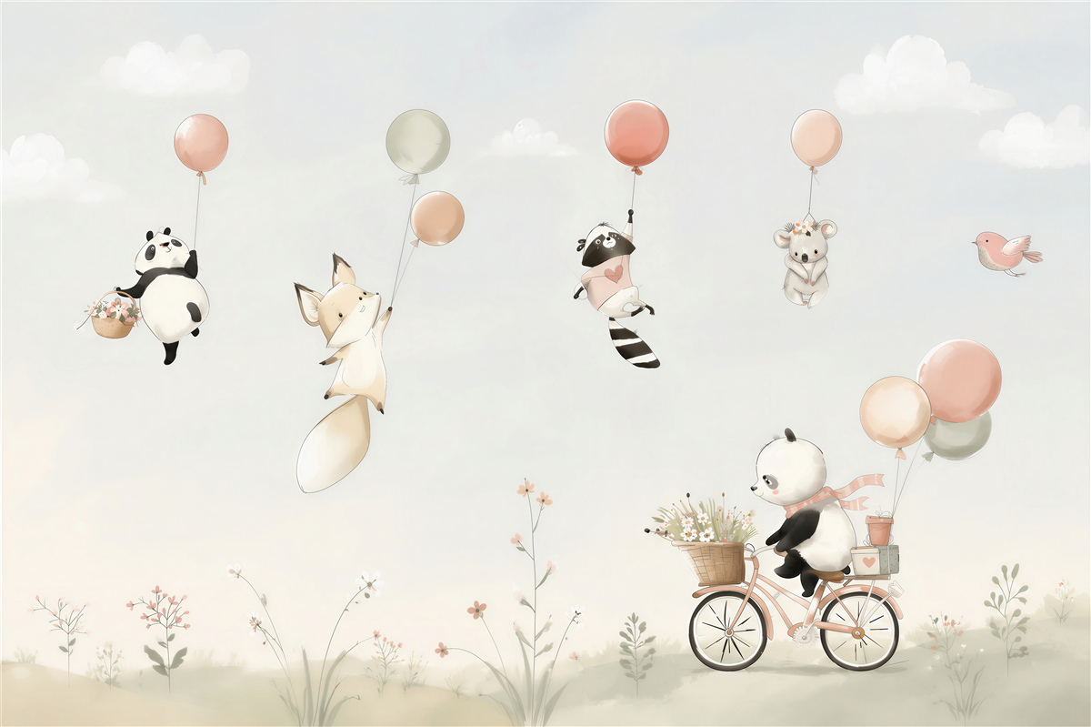 Papier peint panda à vélo et animaux avec des ballons