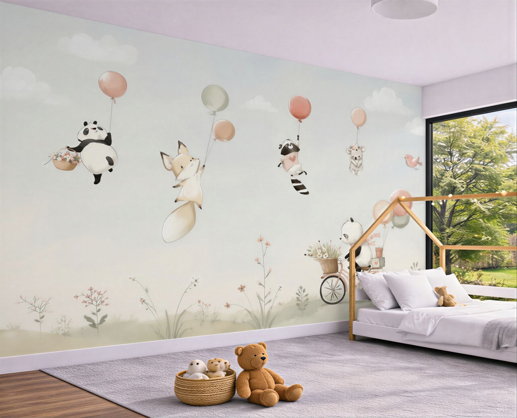 Papier peint panda à vélo et animaux avec des ballons