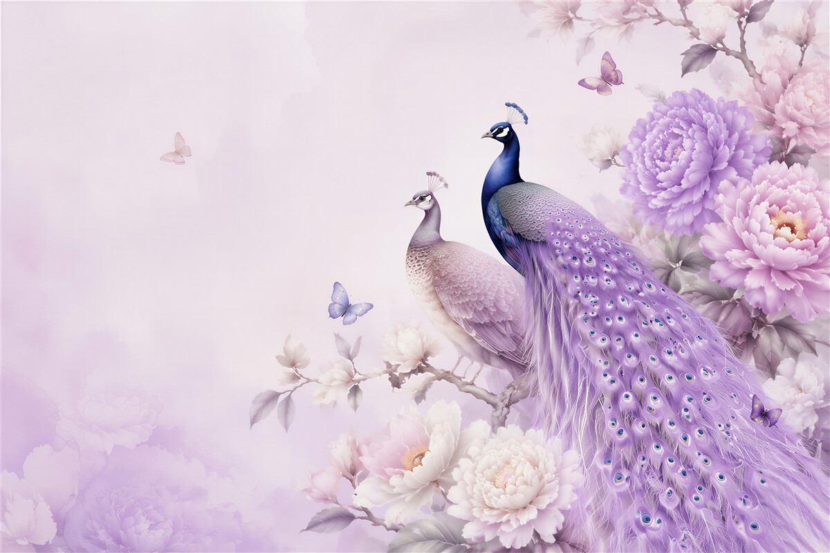 Papier peint deux paons violets parmi des fleurs