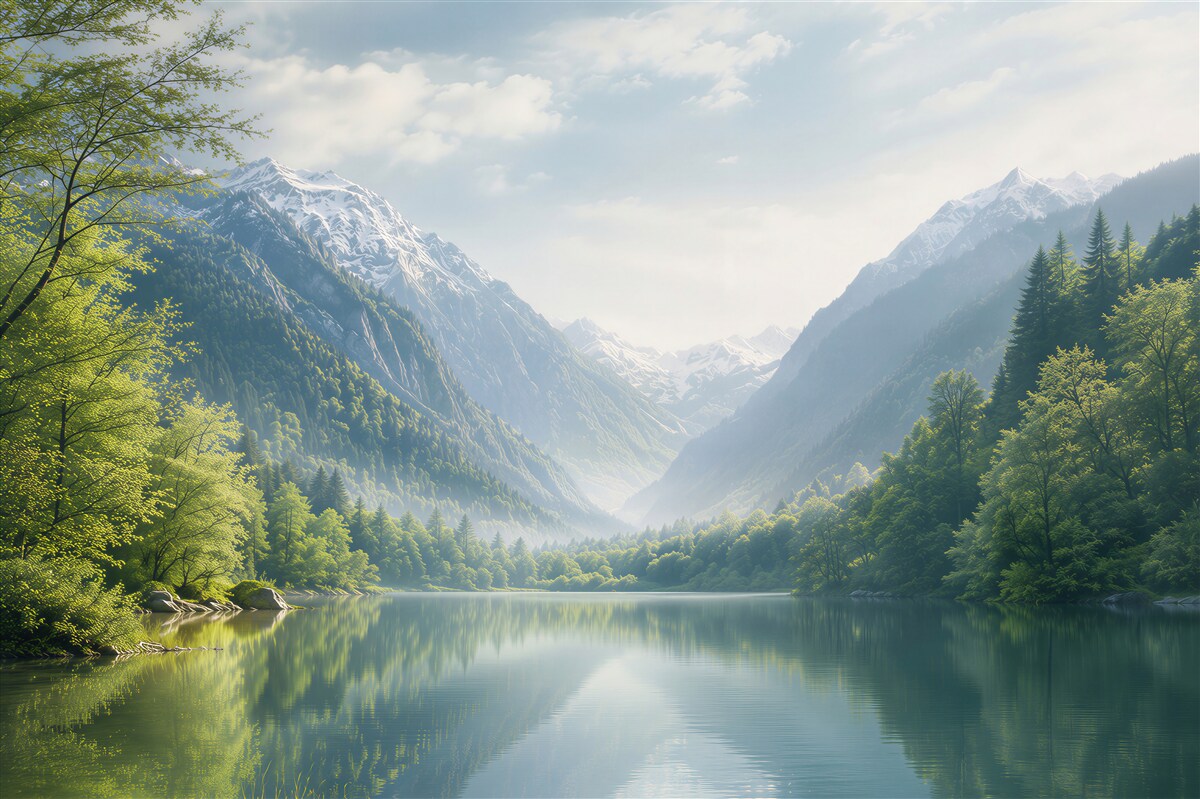 Papier peint lac tranquille caché dans la forêt de montagne