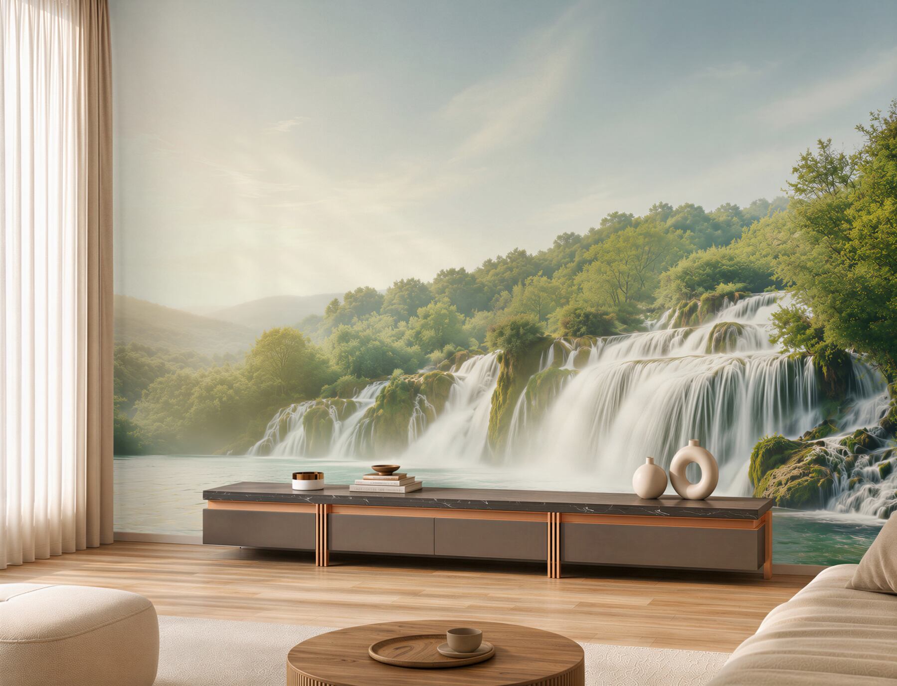 Papier peint paysages de forêt et cascade rugissante