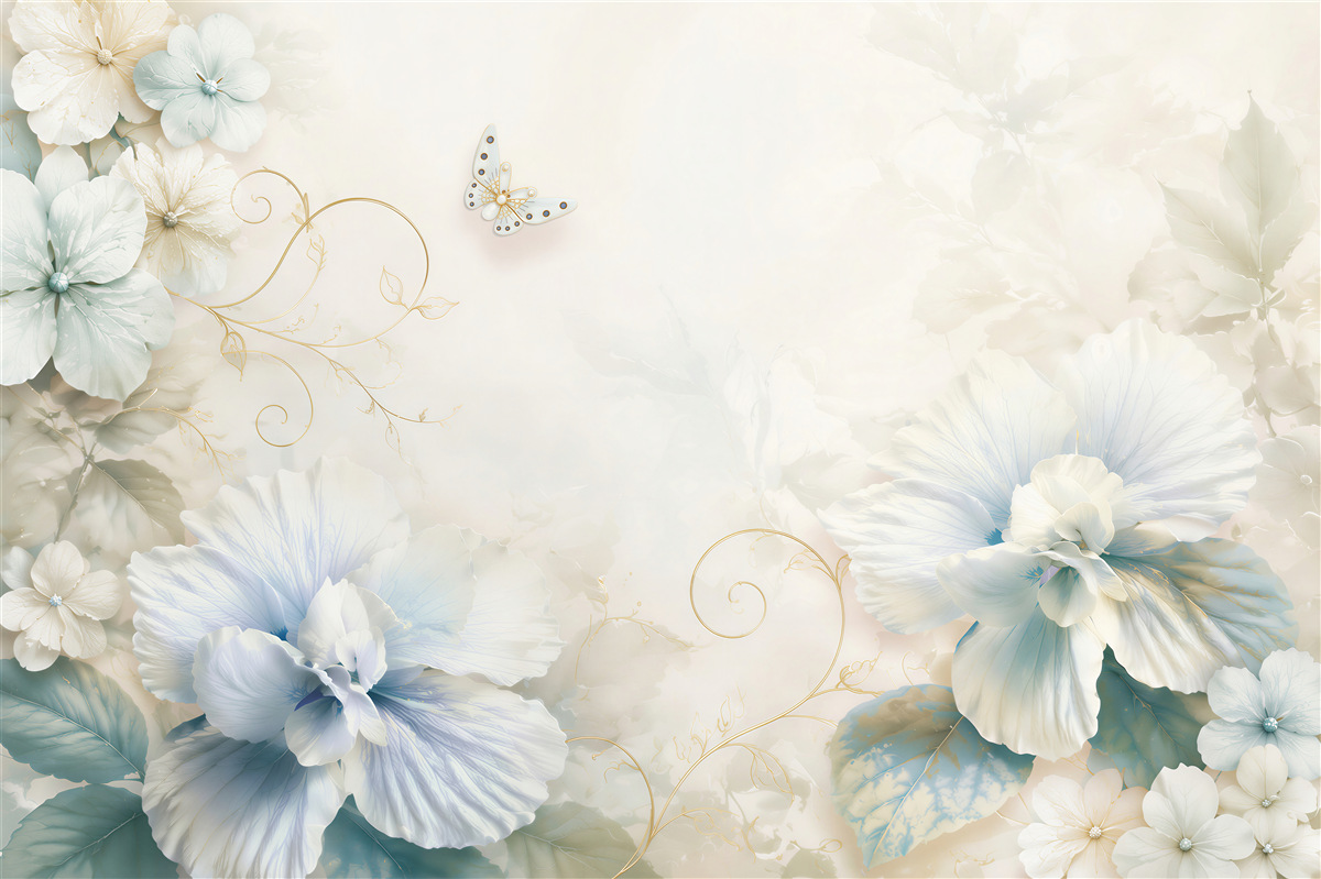 Papier peint fleurs turquoises et papillons