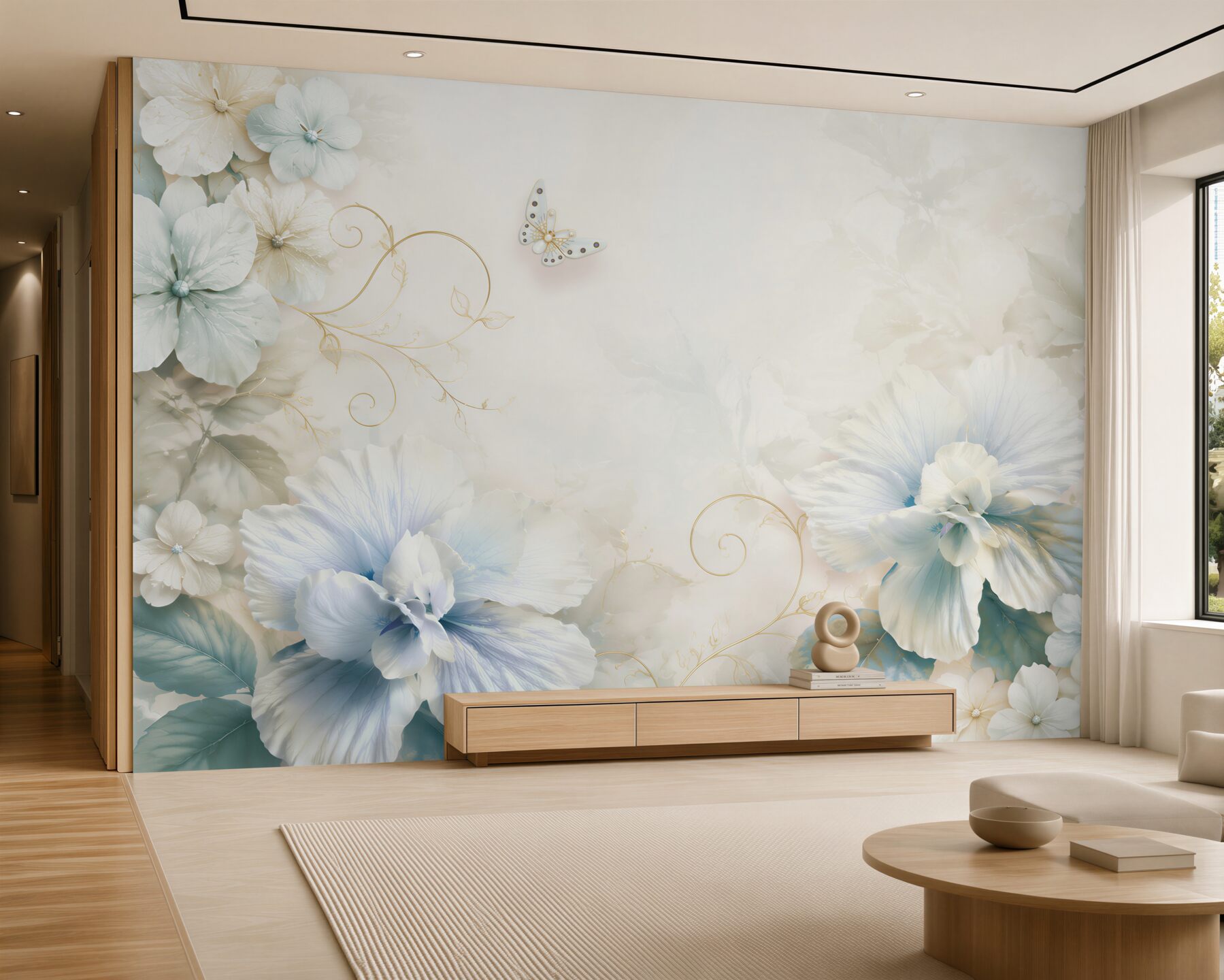 Papier peint fleurs turquoises et papillons