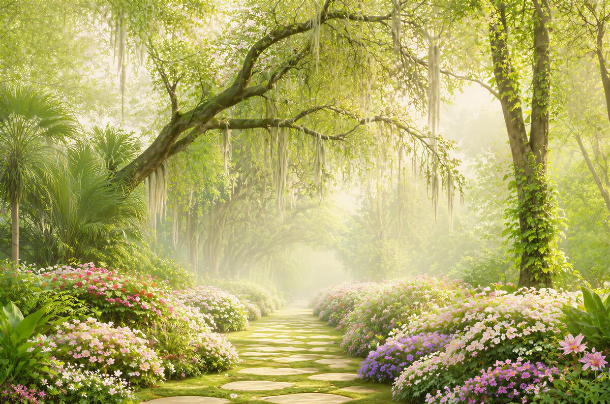 Papier peint chemin dans des fleurs menant à une forêt verte