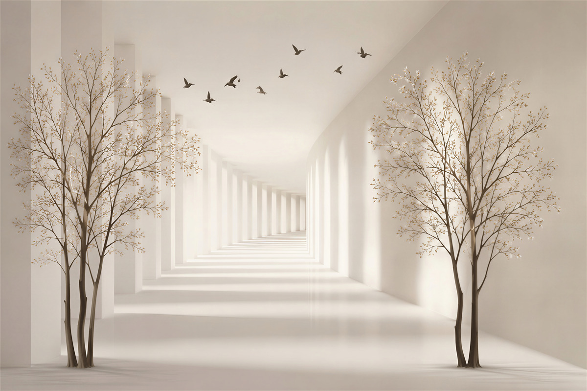 Papier peint arbres d'automne abattus et oiseaux volants
