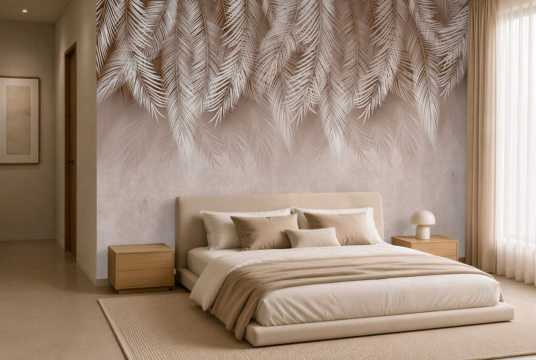 Papier peint feuilles de palmier blanches sur fond rose