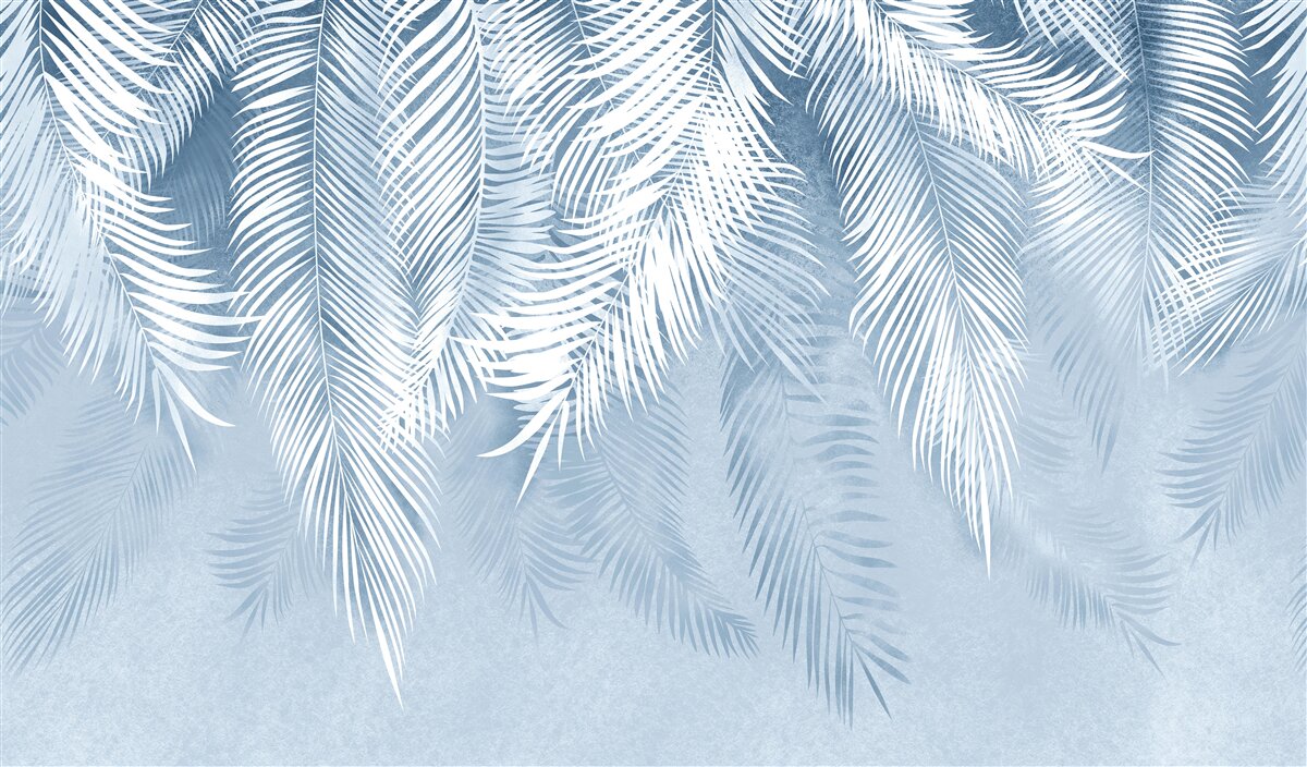 Papier peint feuilles plumeuses blanches et bleues en hiver