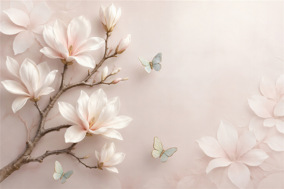 Papier peint fleurs blanches et papillons bleus