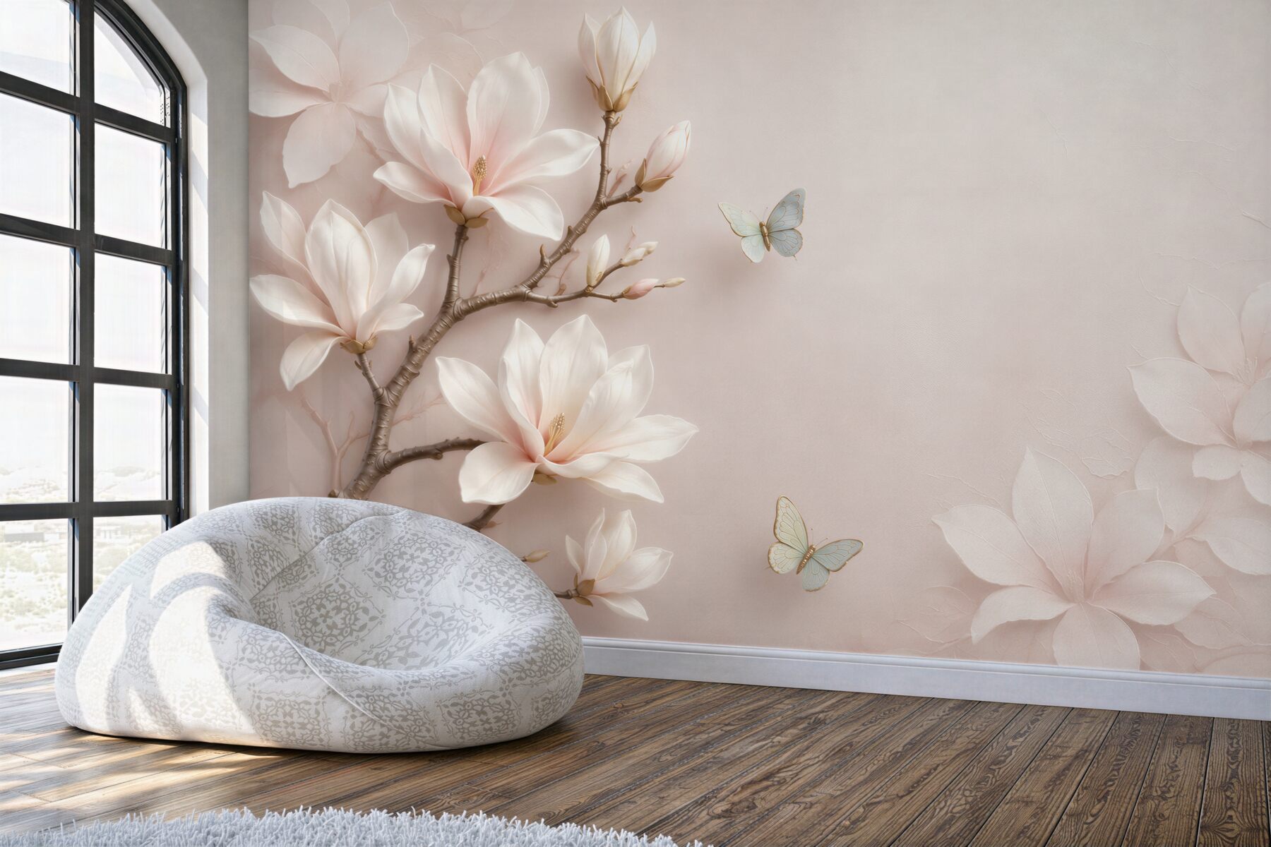 Papier peint fleurs blanches et papillons bleus