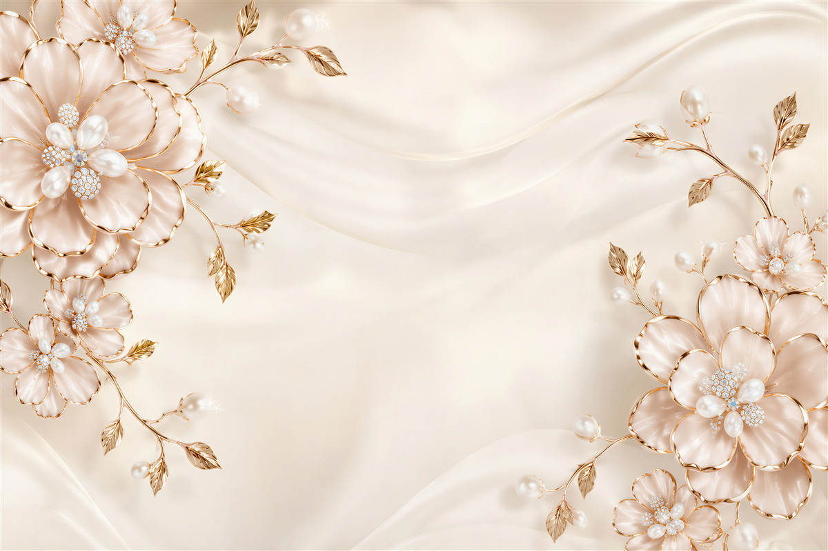 Papier peint pivoines perlées avec des éléments dorés