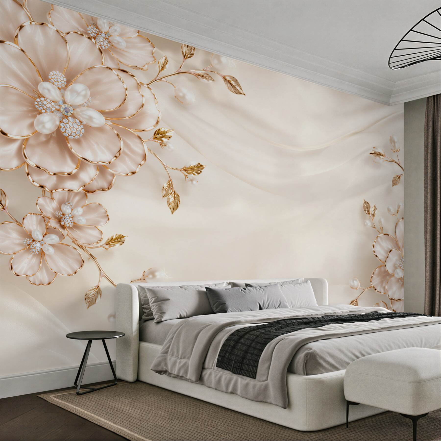 Papier peint pivoines perlées avec des éléments dorés