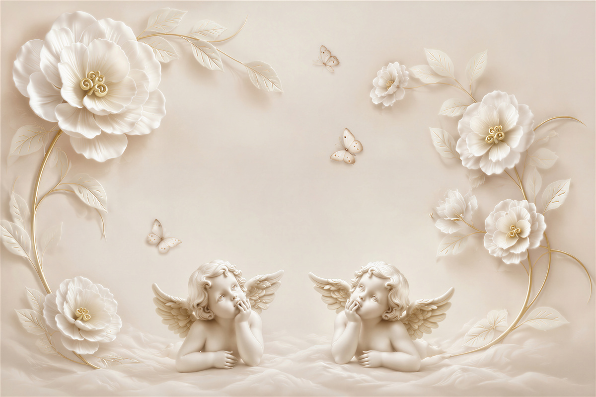 Papier peint Deux anges, roses blanches et papillons