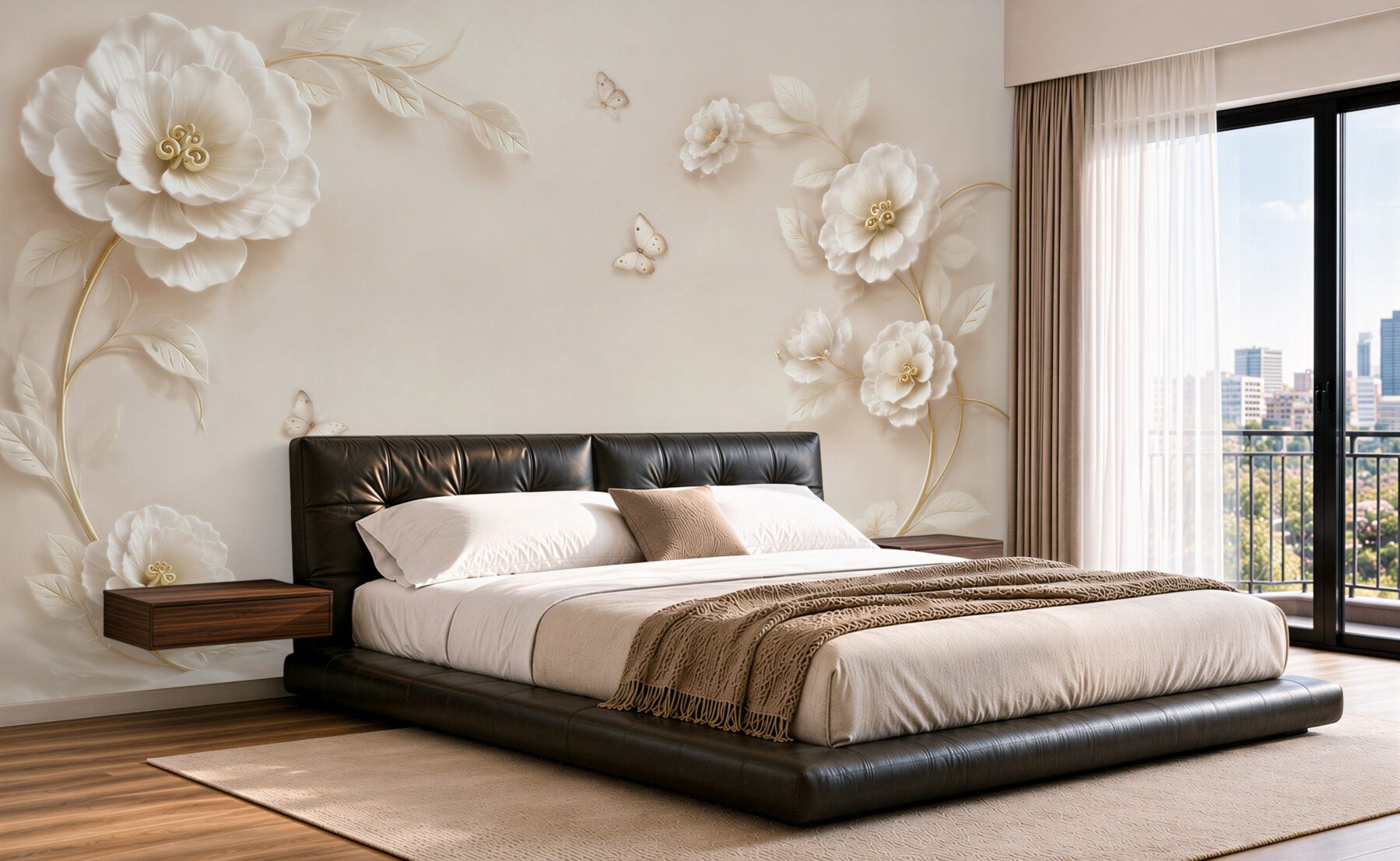 Papier peint Deux anges, roses blanches et papillons