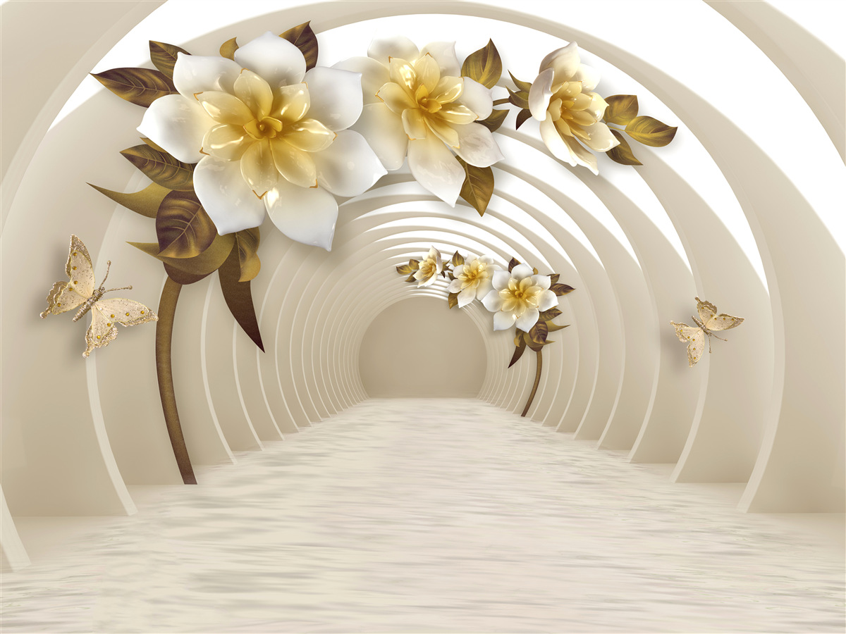 Papier peint fleurs de lotus blanches avec or en perspective