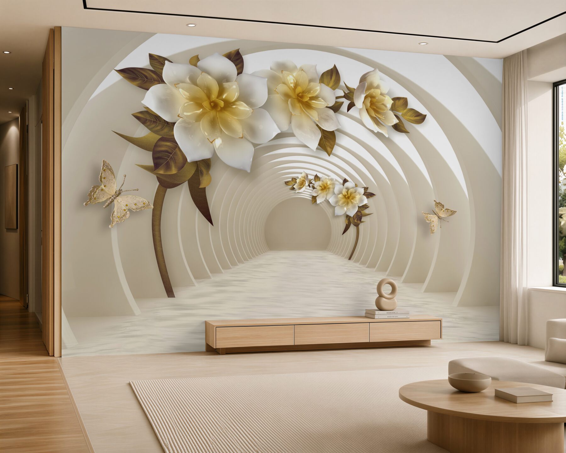 Papier peint fleurs de lotus blanches avec or en perspective